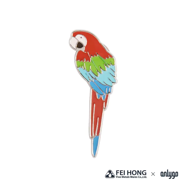The Front Side Of Animal Shaped Magnetic Badge Red And Green Macaw